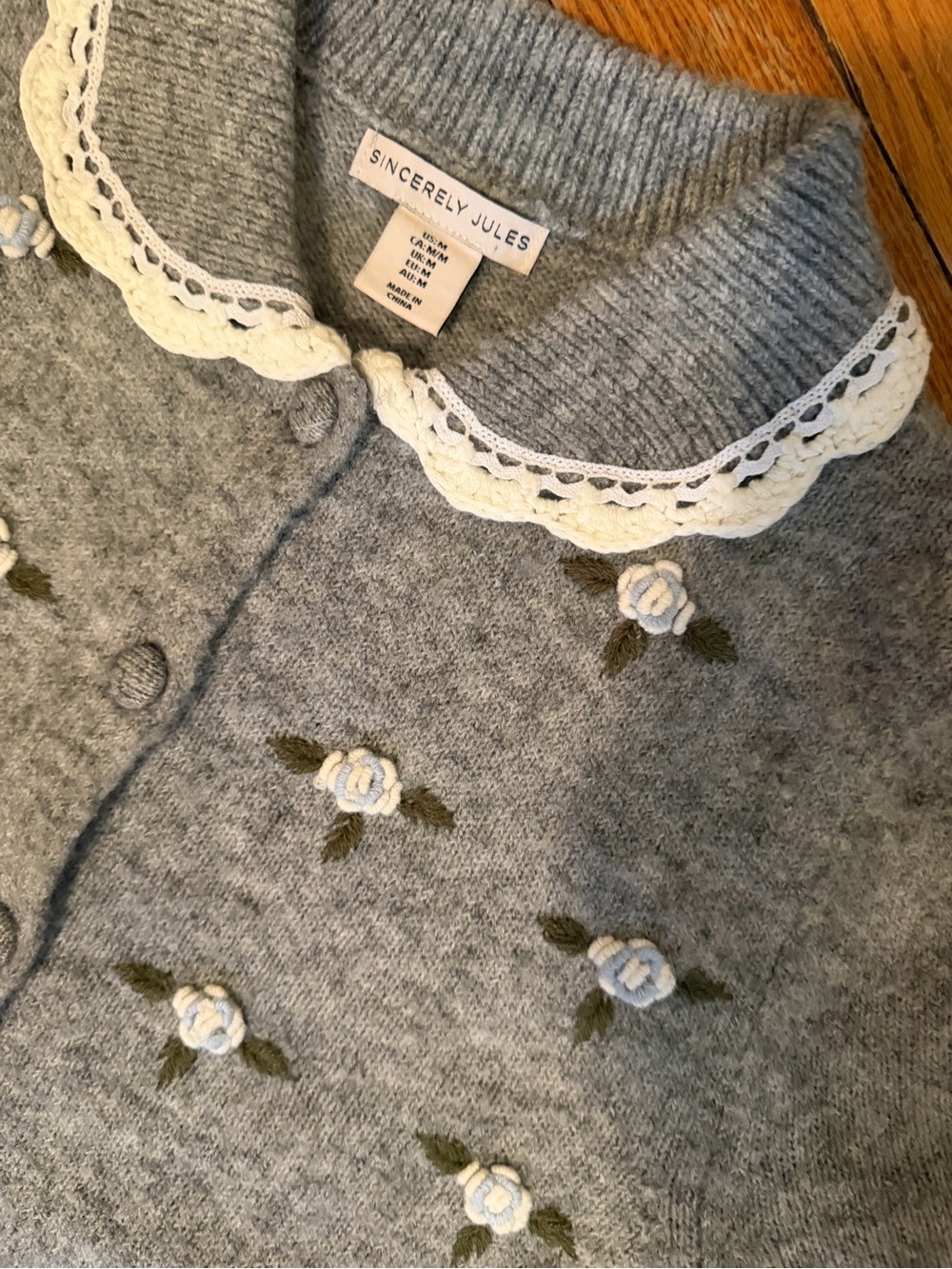 Sincerely Jules Gray Knit Cardigan with Cream Lace Collar & Floral Embroidery